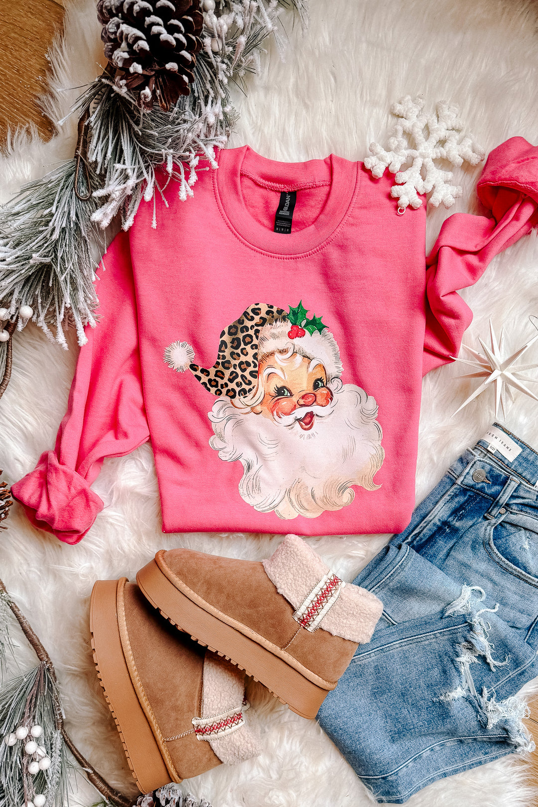 Leopard Hat Retro Santa Crewneck Sweatshirt - Pink