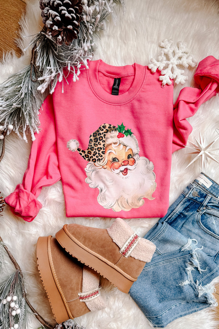 Leopard Hat Retro Santa Crewneck Sweatshirt - Pink
