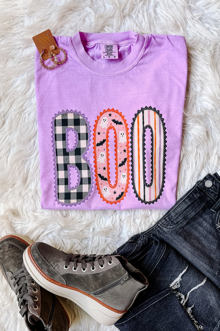Plaid Pattern BOO Graphic Tee - Neon Violet