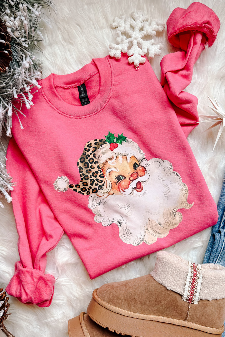Leopard Hat Retro Santa Crewneck Sweatshirt - Pink