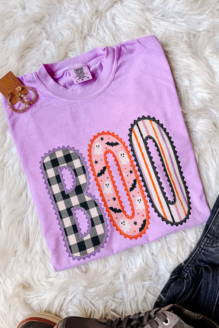 Plaid Pattern BOO Graphic Tee - Neon Violet