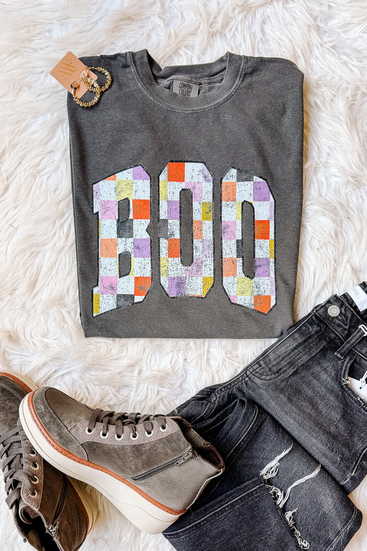 BOO Checkered Distressed Graphic Tee - Pepper