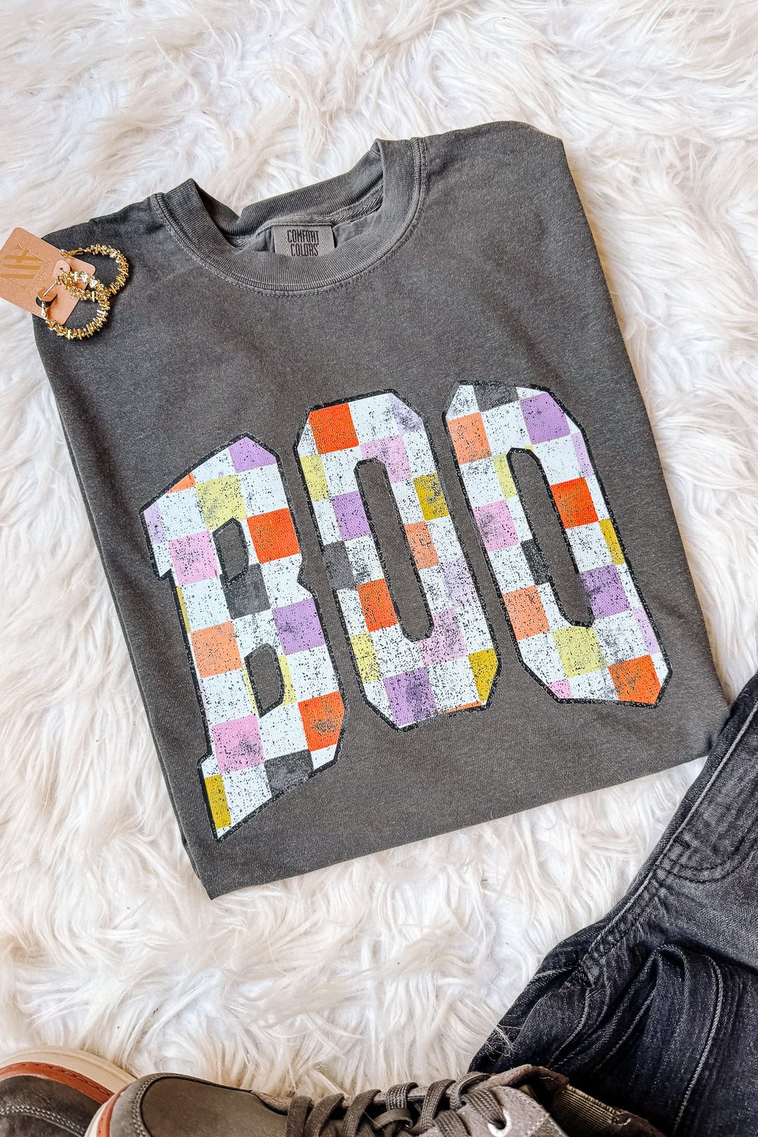 BOO Checkered Distressed Graphic Tee - Pepper