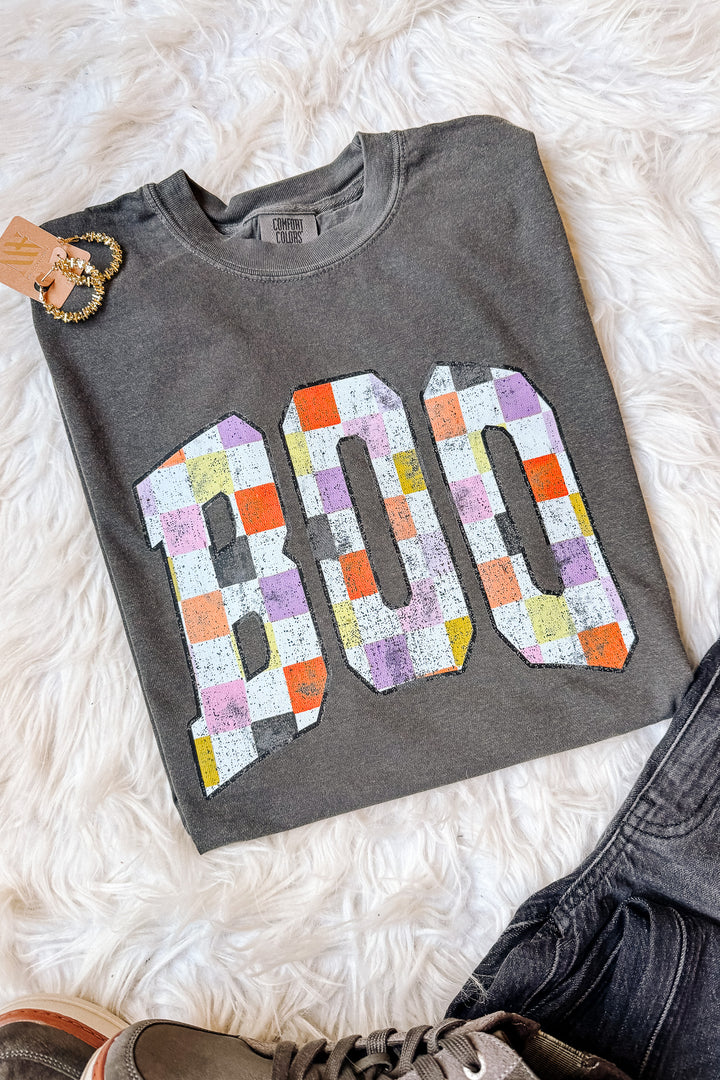 BOO Checkered Distressed Graphic Tee - Pepper