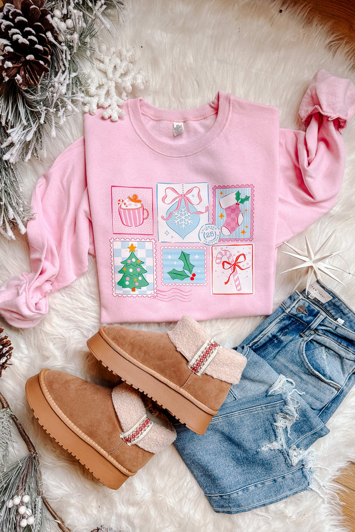 Dear Santa Postage Stamps Graphic Sweatshirt - Classic Pink