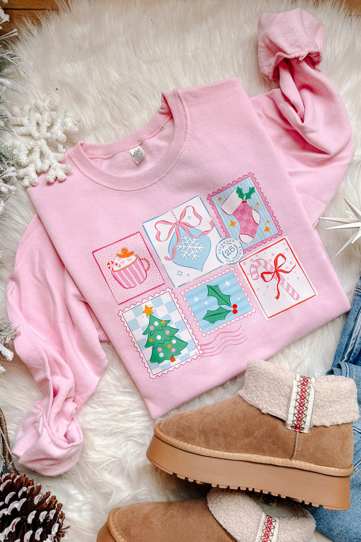 Dear Santa Postage Stamps Graphic Sweatshirt - Classic Pink