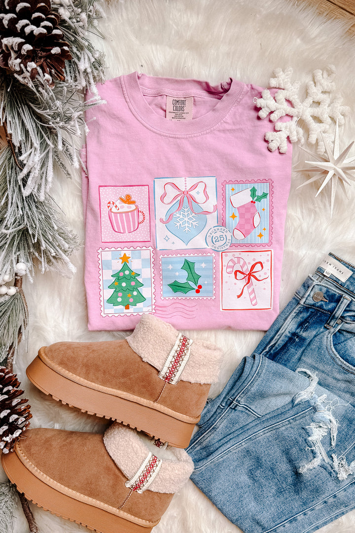 Dear Santa Postage Stamps Graphic Tee - Rose Quartz