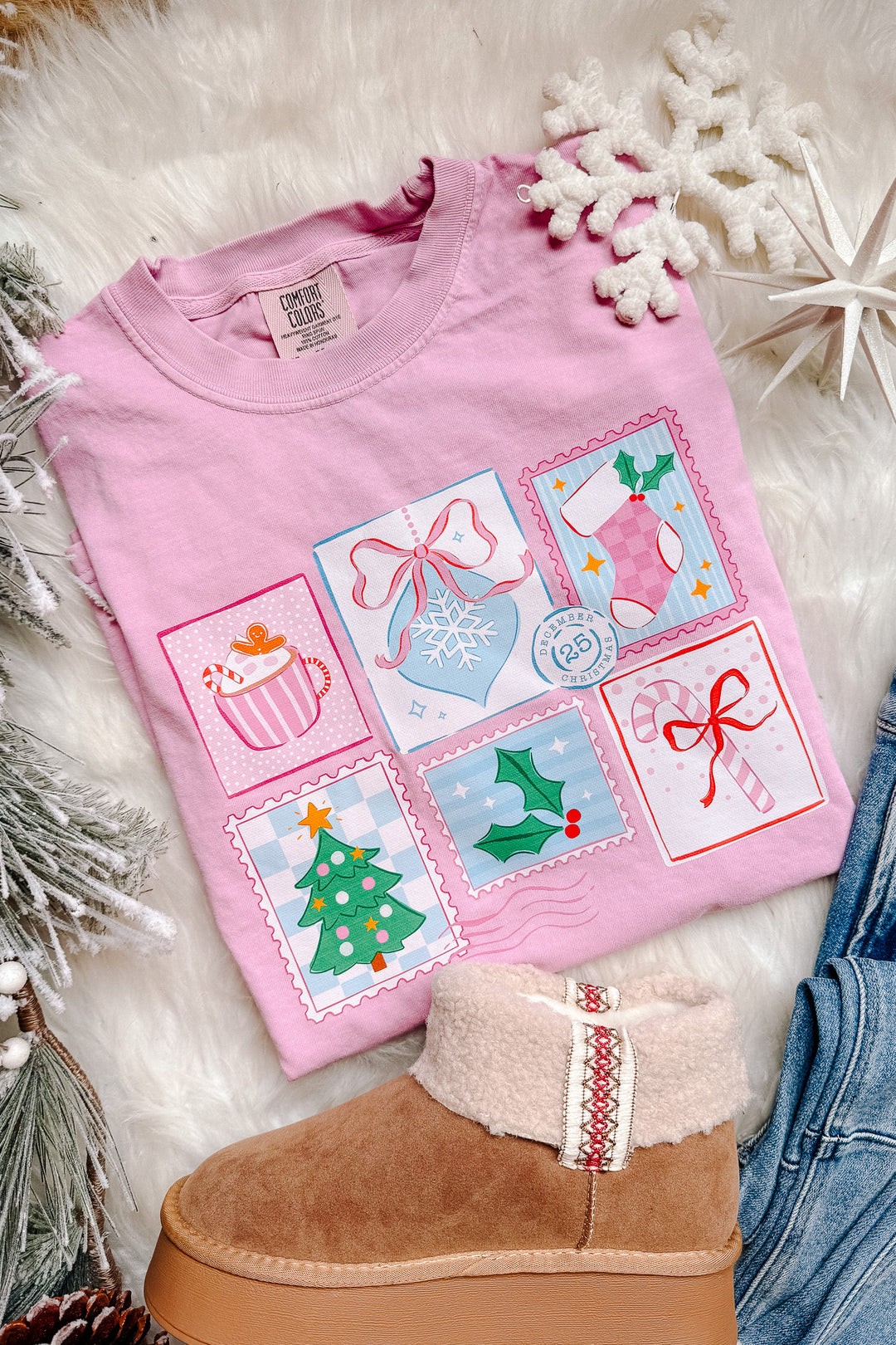 Dear Santa Postage Stamps Graphic Tee - Rose Quartz