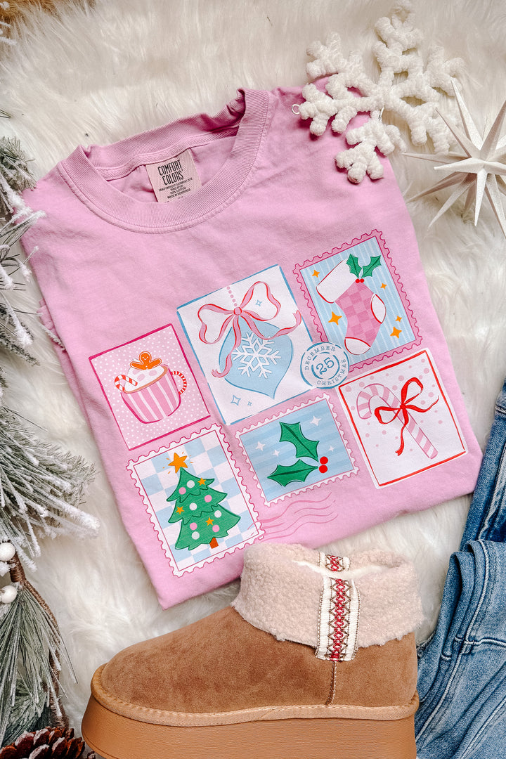 Dear Santa Postage Stamps Graphic Tee - Rose Quartz