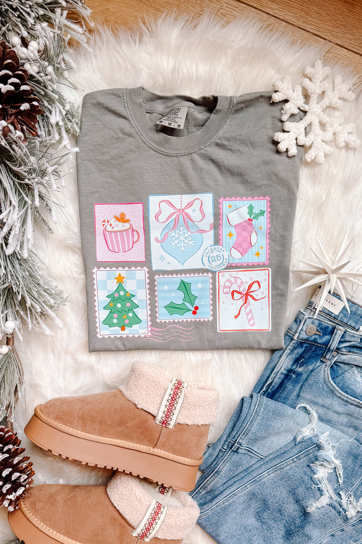 Dear Santa Postage Stamps Graphic Tee - Light Grey