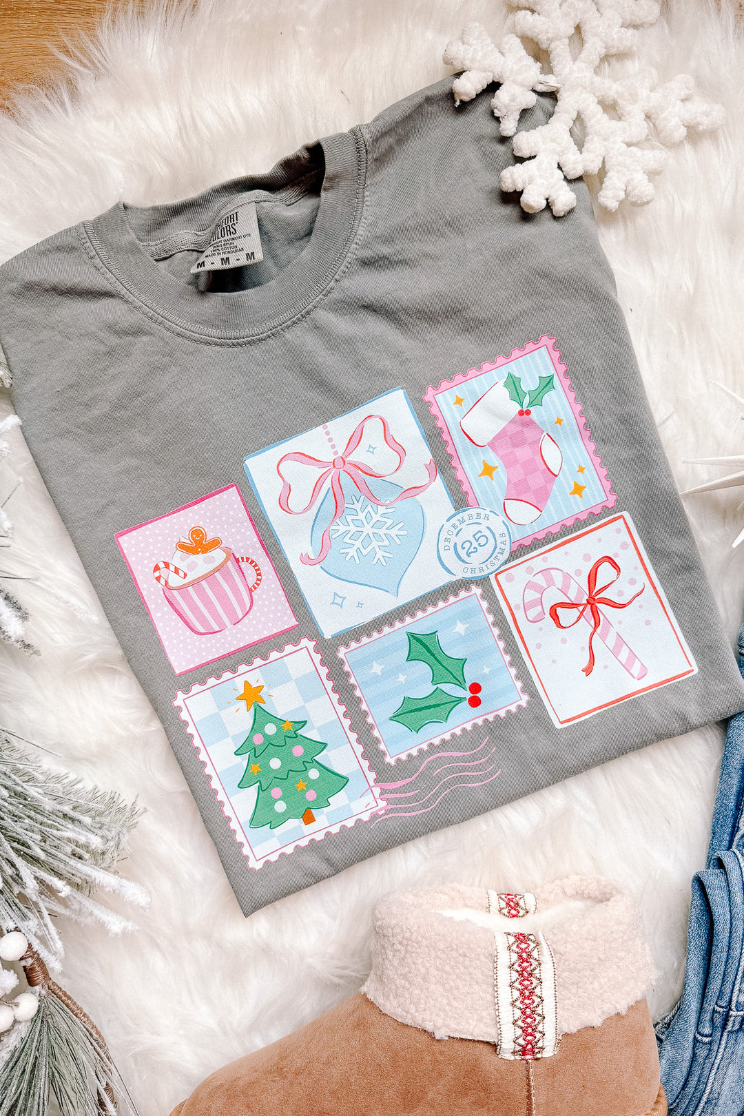 Dear Santa Postage Stamps Graphic Tee - Light Grey