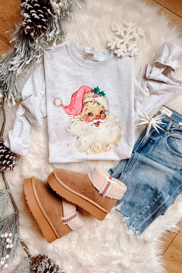 Pink Retro Santa Crewneck Sweatshirt - Ash Grey