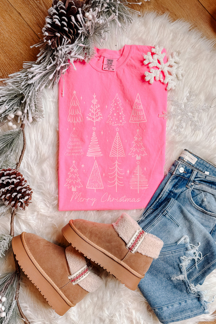 Retro Christmas Trees Graphic Tee - Neon Pink