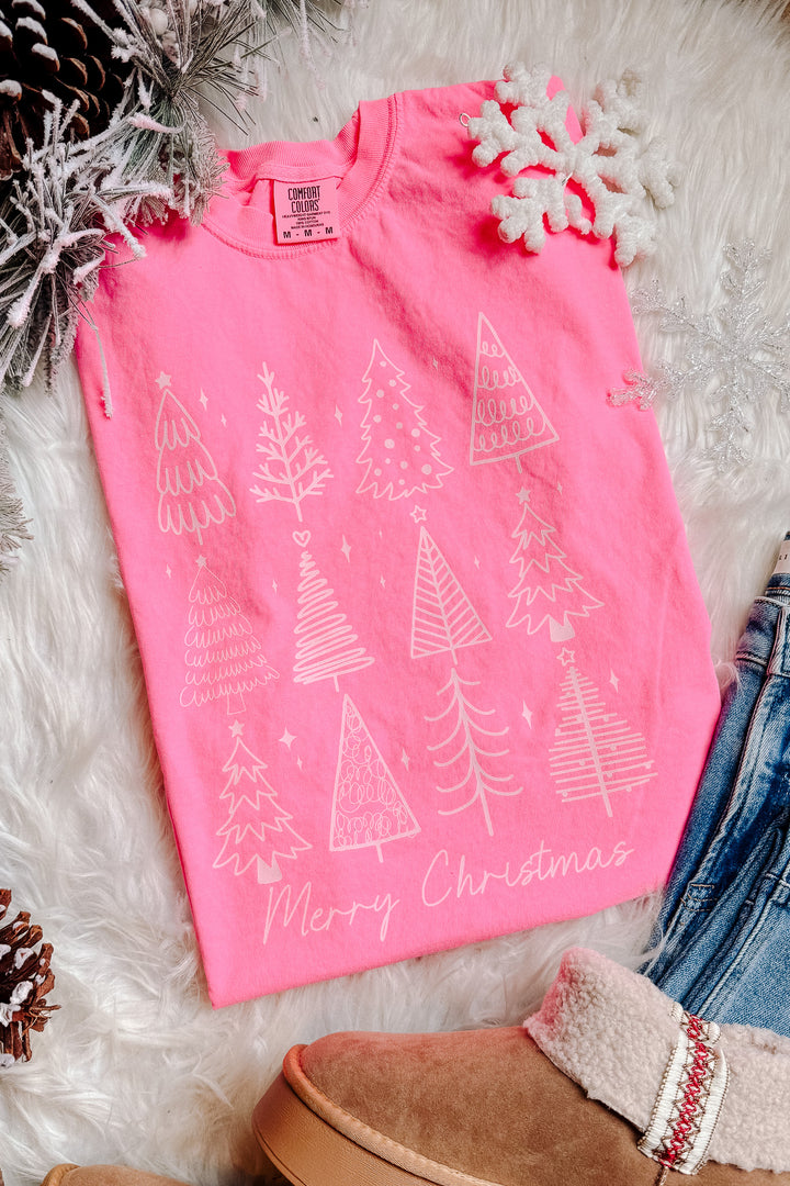Retro Christmas Trees Graphic Tee - Neon Pink