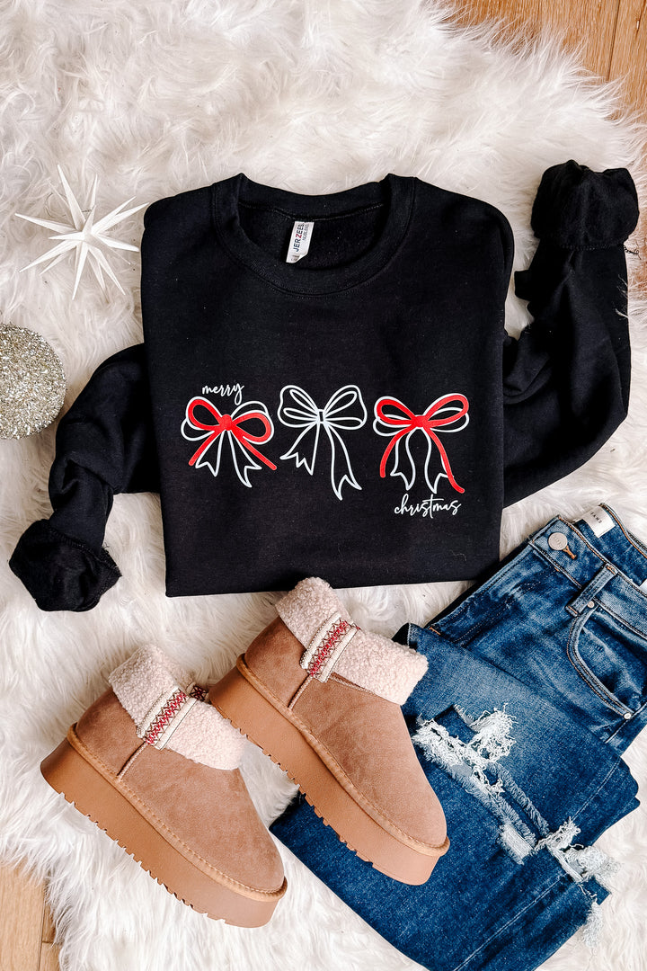 Merry Christmas Bow Trio Graphic Sweatshirt - Black
