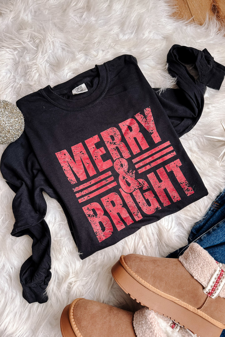 Merry & Bright Lines Graphic Long Sleeve - Black