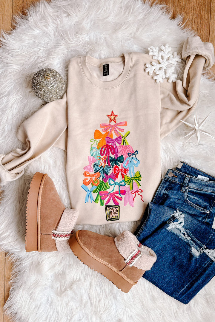 Ribbon Rush Tree Graphic Sweatshirt - Sand