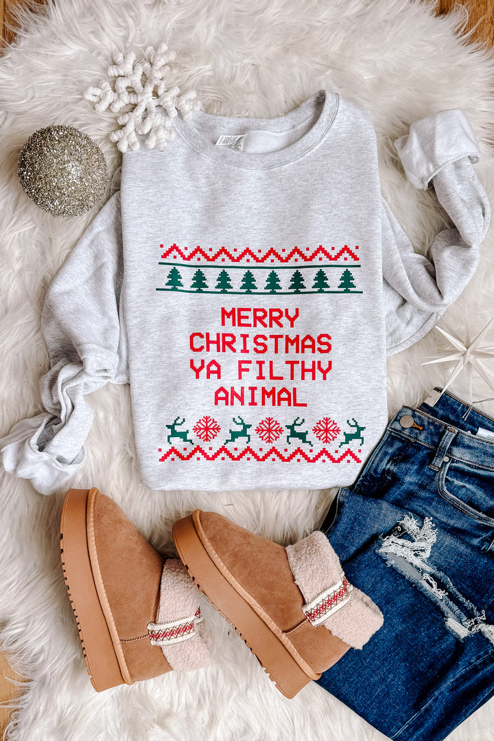 Merry Christmas Ya Filthy Animal Crewneck Sweatshirt - Ash Grey