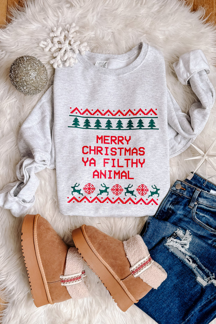 Merry Christmas Ya Filthy Animal Crewneck Sweatshirt - Ash Grey