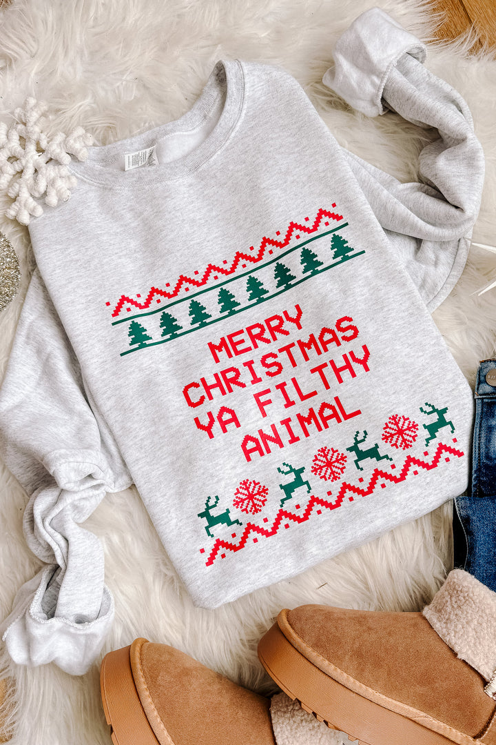 Merry Christmas Ya Filthy Animal Crewneck Sweatshirt - Ash Grey