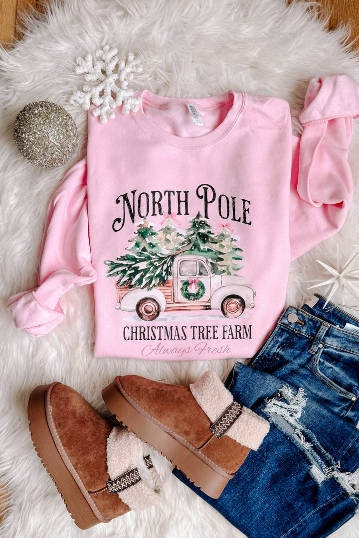 North Pole Christmas Tree Farm Graphic Sweatshirt - Classic Pink