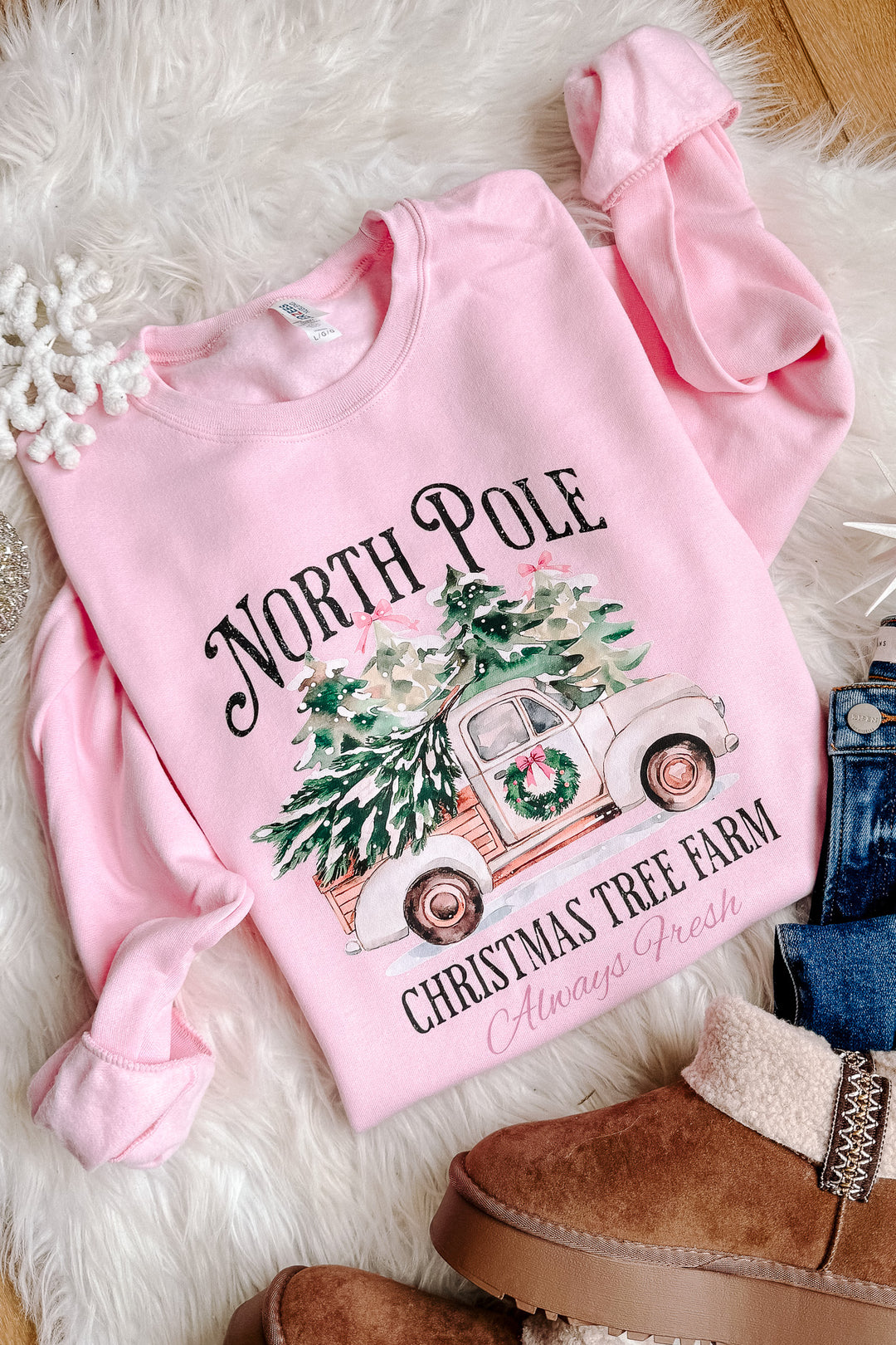 North Pole Christmas Tree Farm Graphic Sweatshirt - Classic Pink