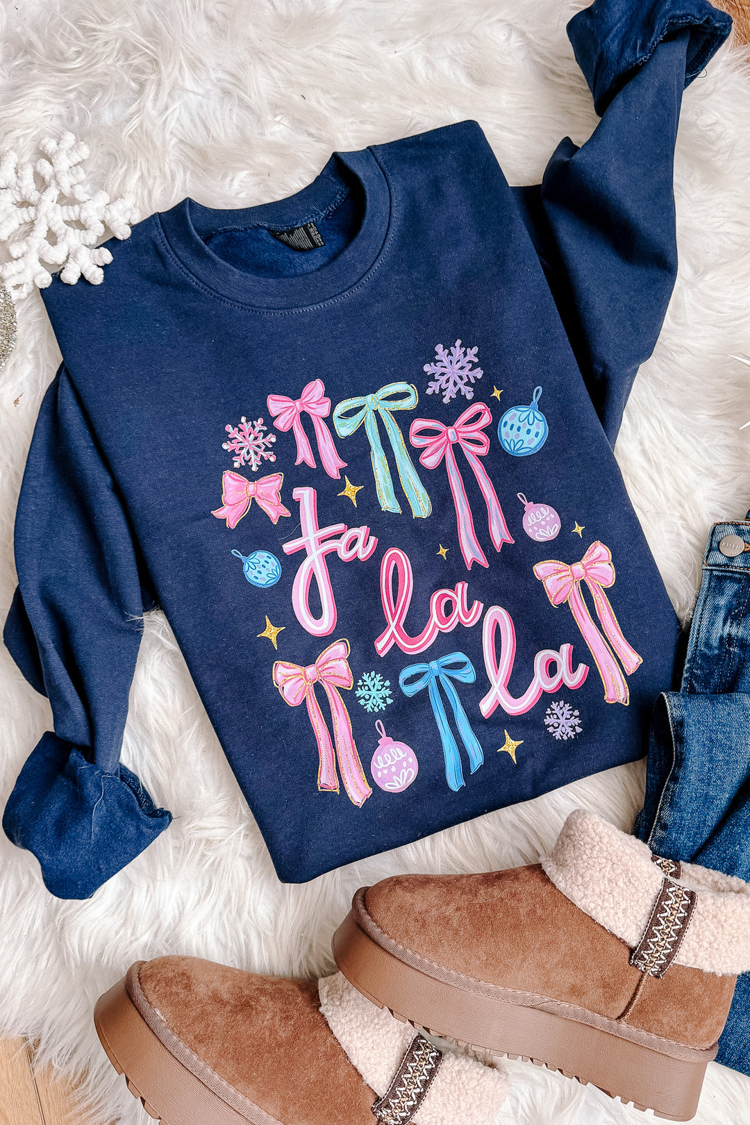 Fa La La Bright Bows Graphic Sweatshirt - Navy