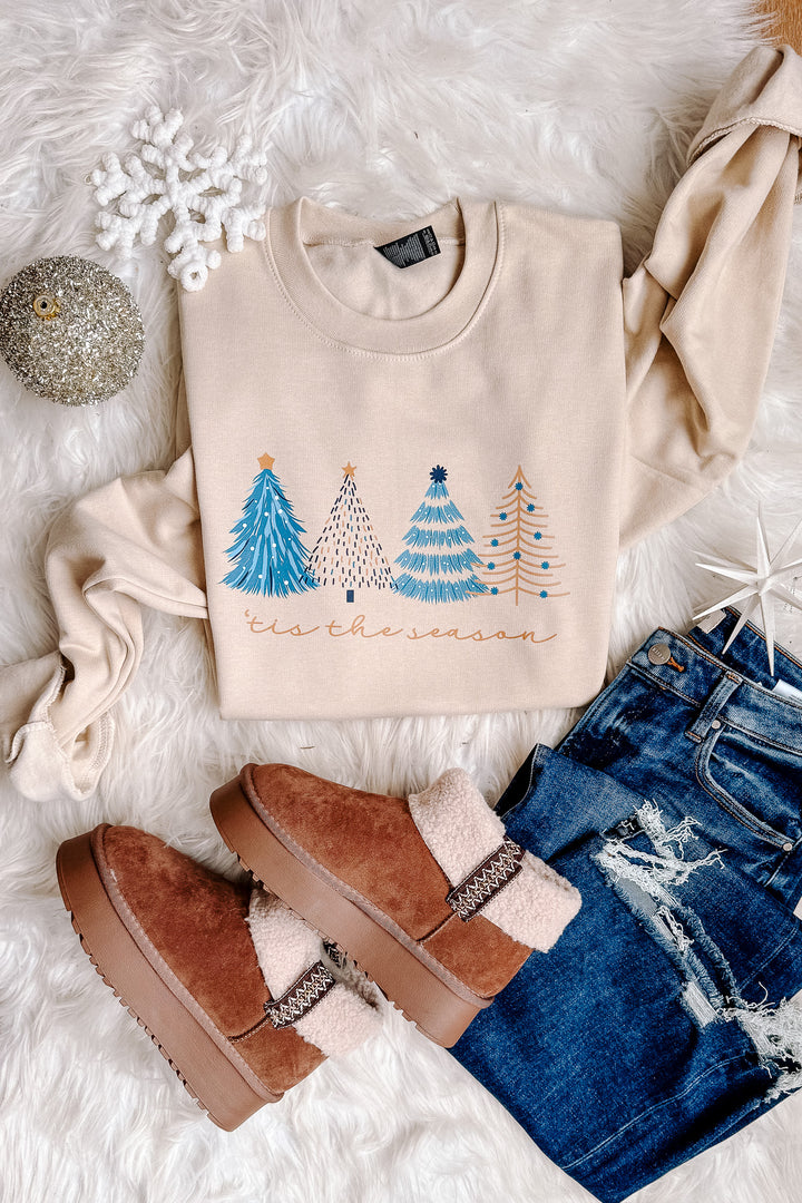 'Tis The Season Blue Trees Graphic Sweatshirt - Sand