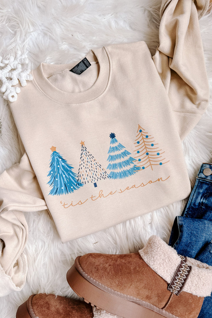 'Tis The Season Blue Trees Graphic Sweatshirt - Sand