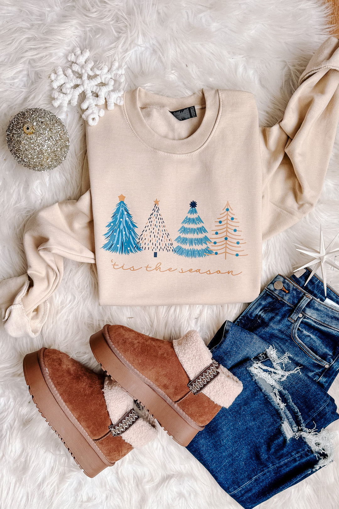 'Tis The Season Blue Trees Graphic Sweatshirt - Sand