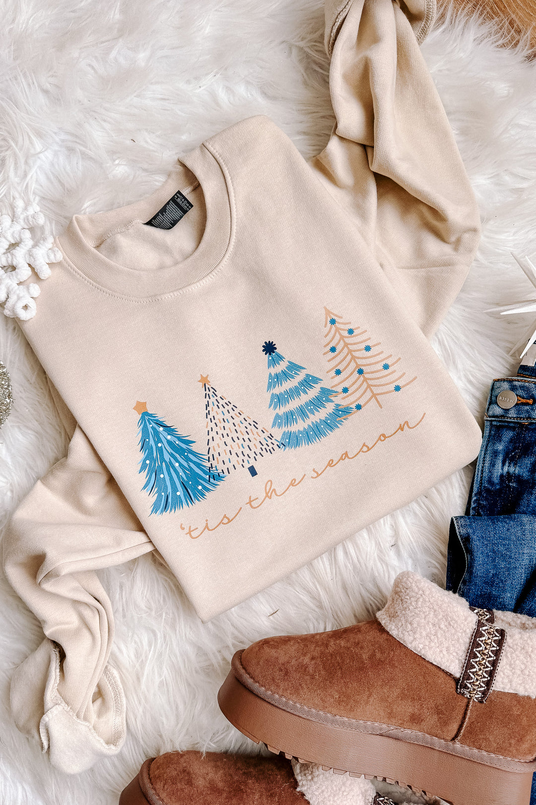 'Tis The Season Blue Trees Graphic Sweatshirt - Sand