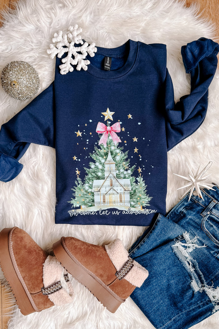 Let Us Adore Him Winter Scene Graphic Sweatshirt - Navy