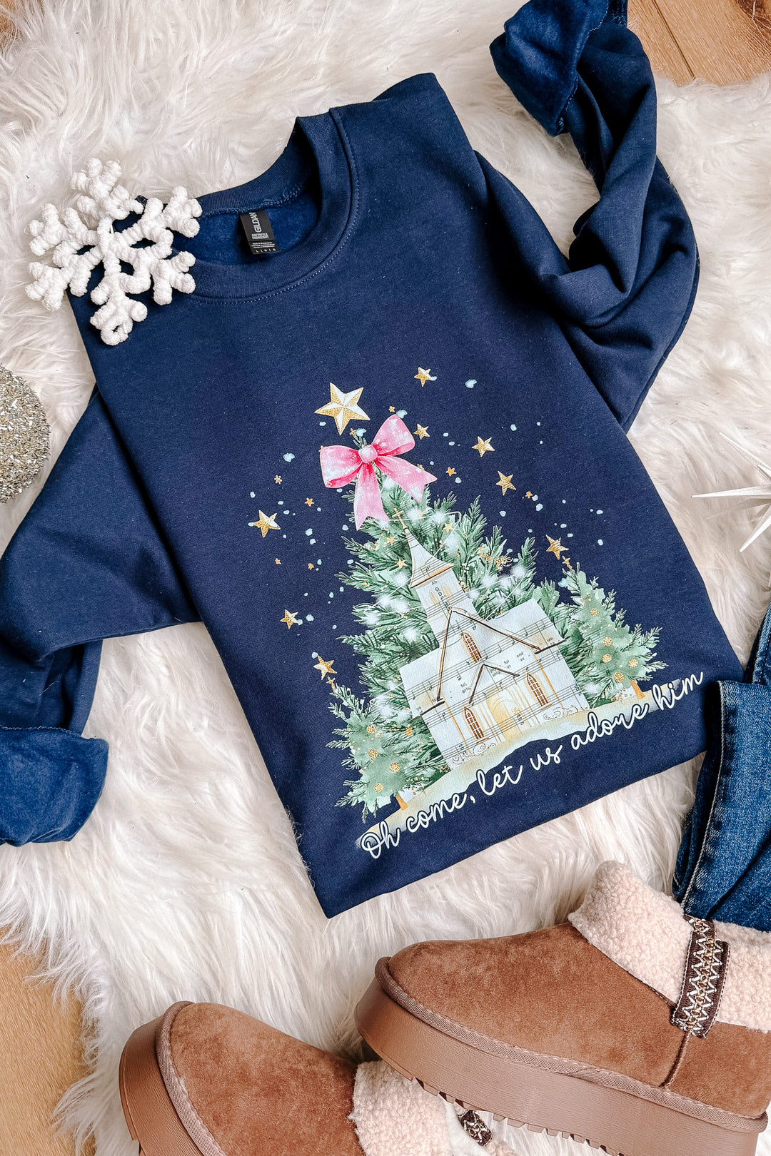 Let Us Adore Him Winter Scene Graphic Sweatshirt - Navy