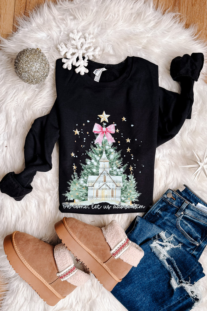 Let Us Adore Him Winter Scene Graphic Sweatshirt - Black