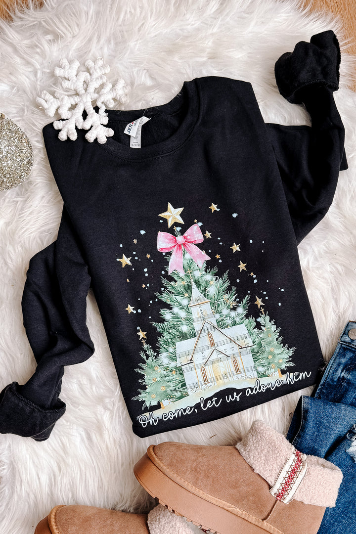 Let Us Adore Him Winter Scene Graphic Sweatshirt - Black