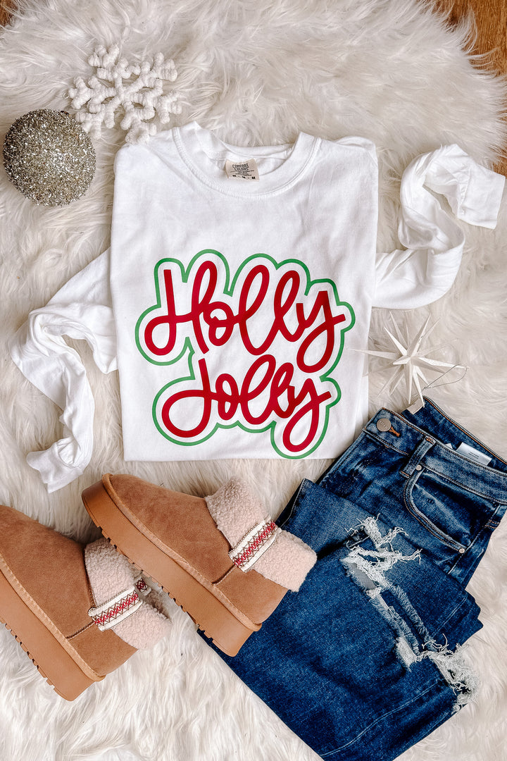Red & Green Holly Jolly Outline Graphic Long Sleeve - White
