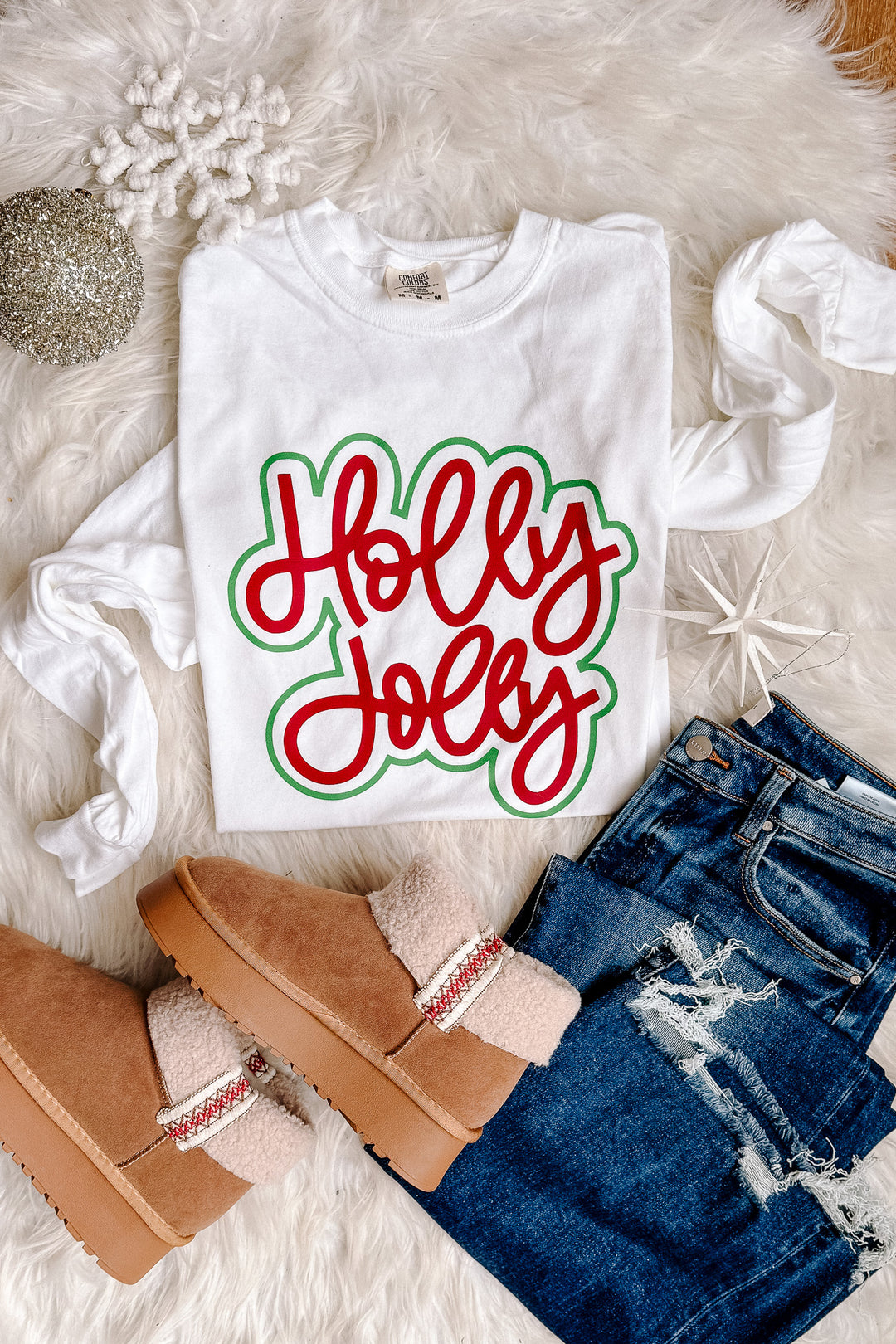 Red & Green Holly Jolly Outline Graphic Long Sleeve - White