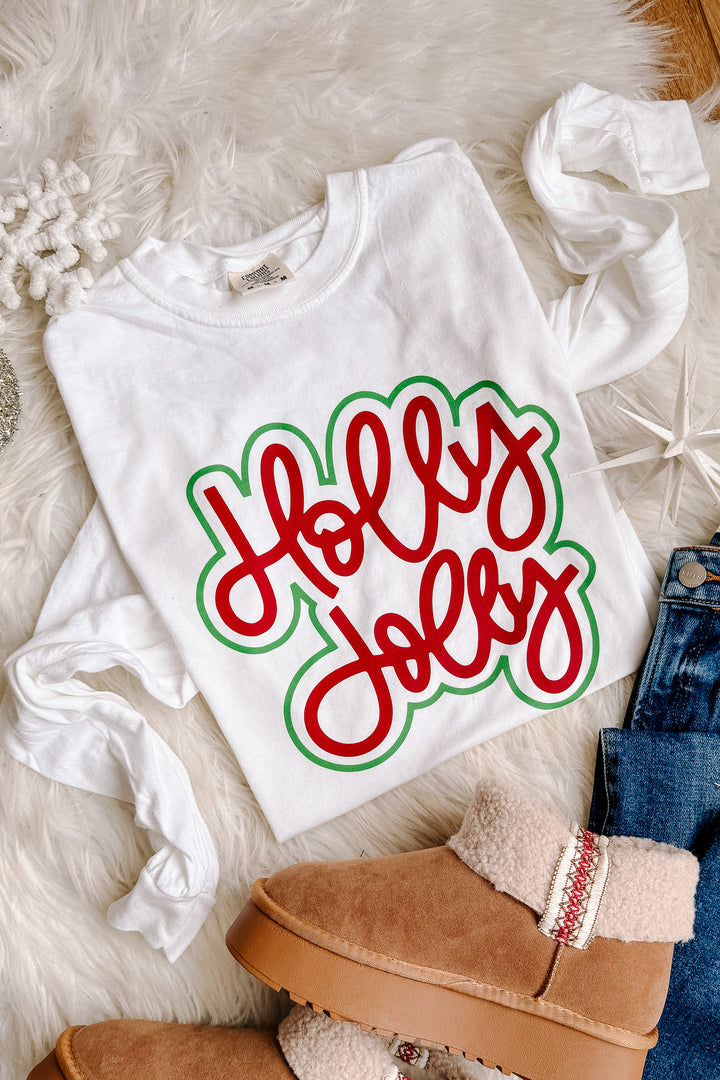Red & Green Holly Jolly Outline Graphic Long Sleeve - White