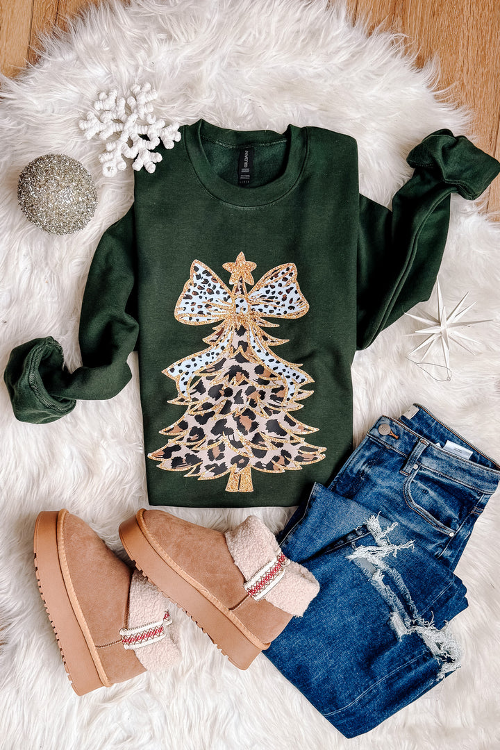Leopard Luxe Tree Graphic Sweatshirt - Forest Green