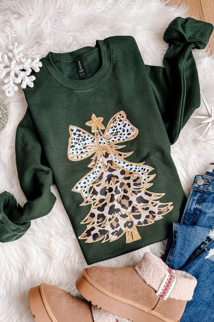 Leopard Luxe Tree Graphic Sweatshirt - Forest Green