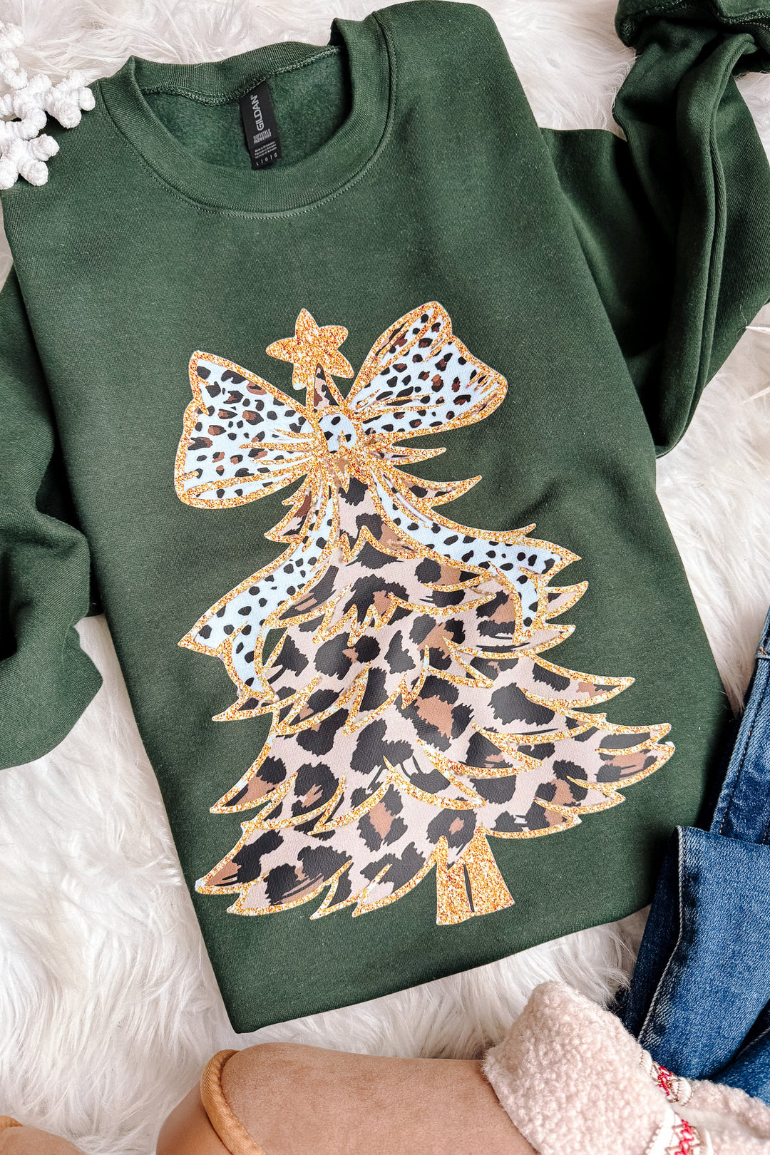 Leopard Luxe Tree Graphic Sweatshirt - Forest Green