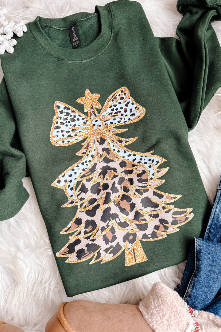 Leopard Luxe Tree Graphic Sweatshirt - Forest Green