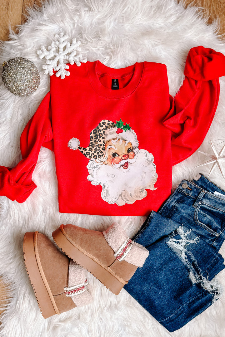 Leopard Retro Santa Graphic Sweatshirt - Red
