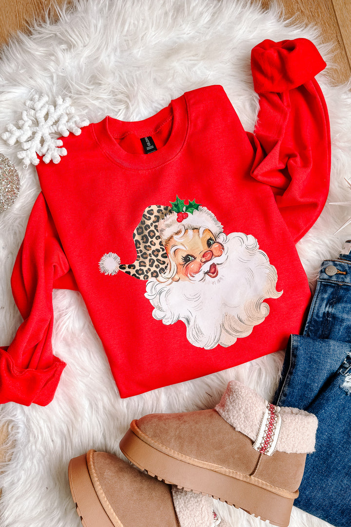 Leopard Retro Santa Graphic Sweatshirt - Red