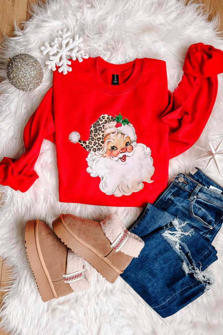 Leopard Retro Santa Graphic Sweatshirt - Red