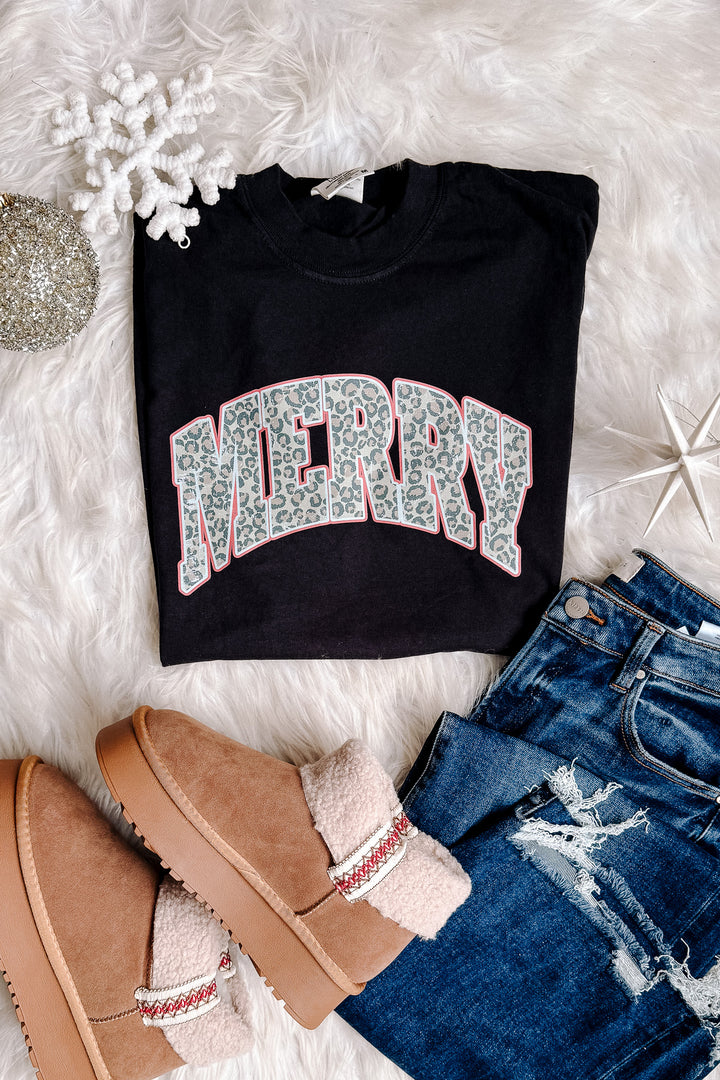 Leopard Merry Graphic Tee - Black