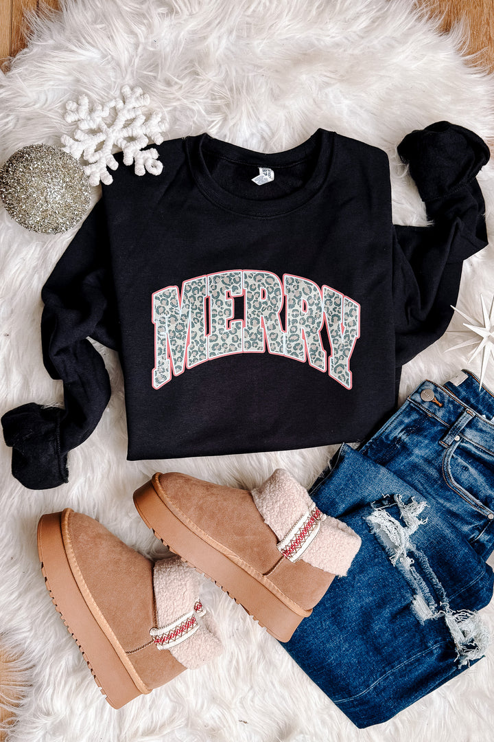 Leopard Merry Graphic Sweatshirt - Black