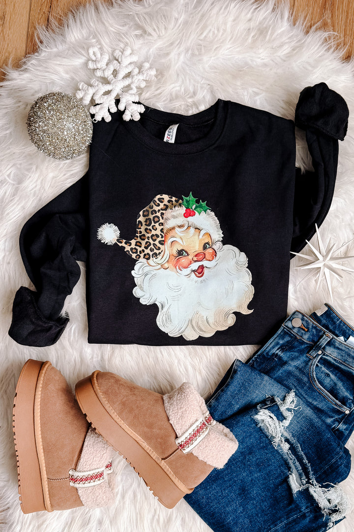 Leopard Retro Santa Graphic Sweatshirt - Black