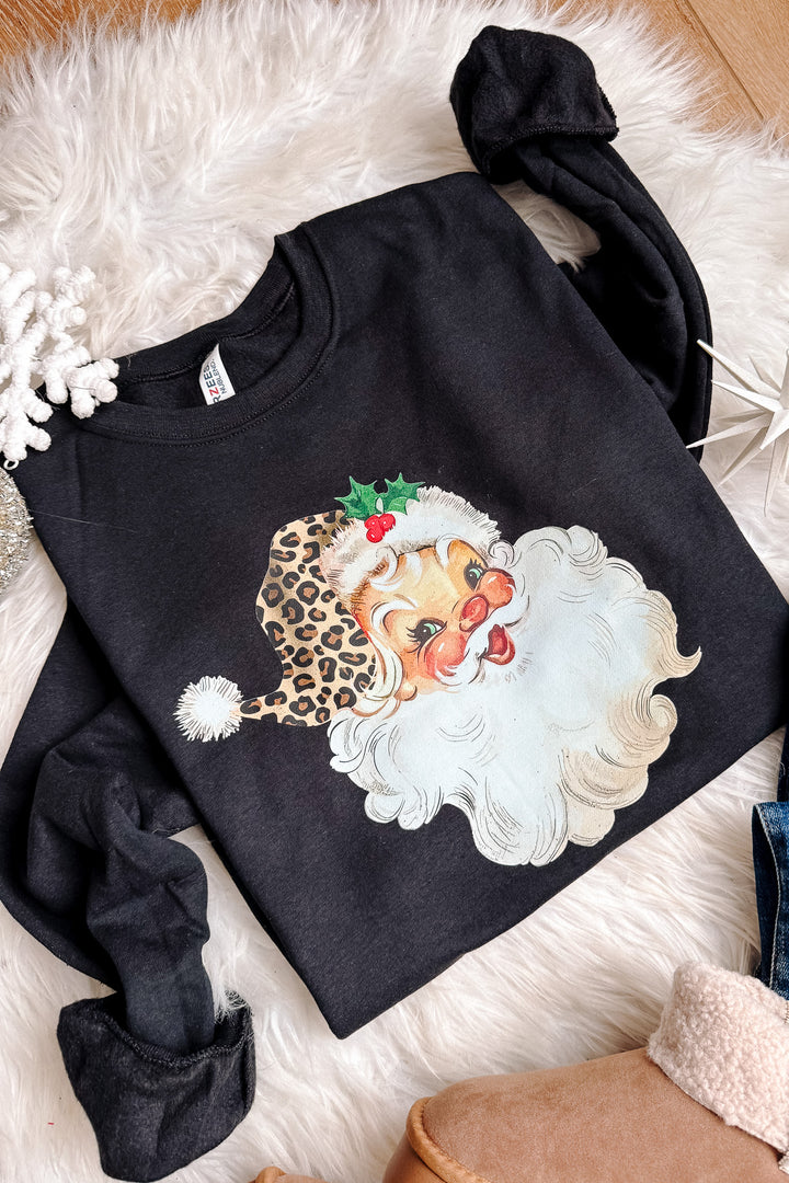 Leopard Retro Santa Graphic Sweatshirt - Black