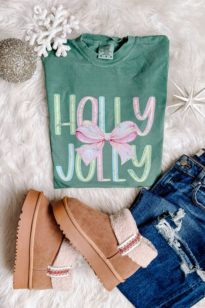 Bright Holly Jolly Bow Graphic Tee - Light Green